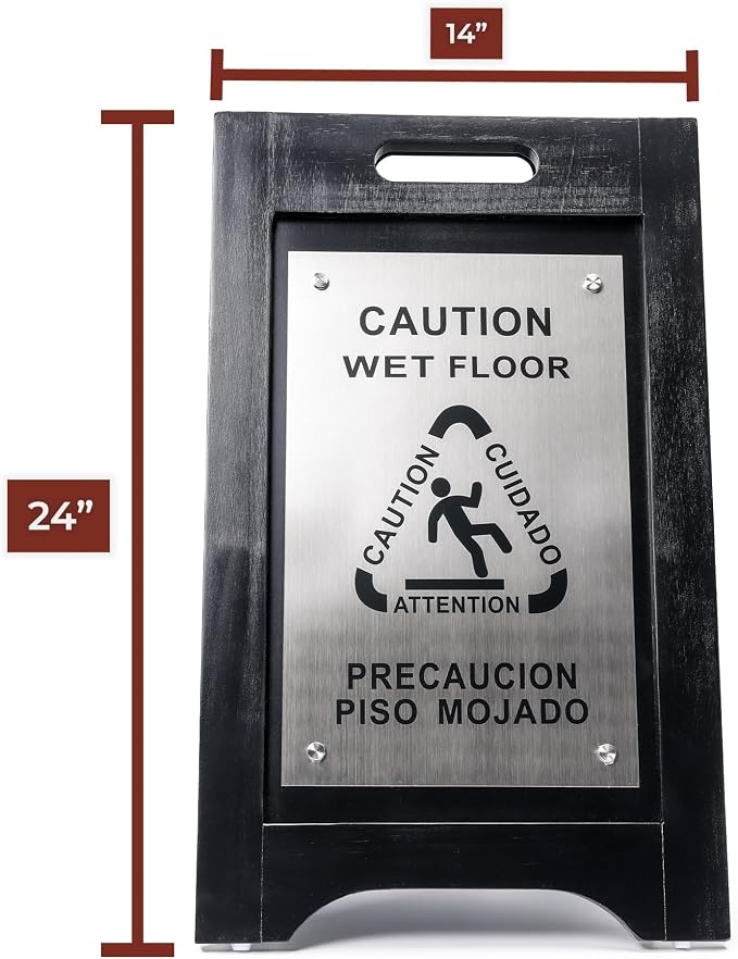 Premium Wooden Caution Wet Floor Sign – Bilingual w/ Non-Skid Plastic Feet – - Image 3