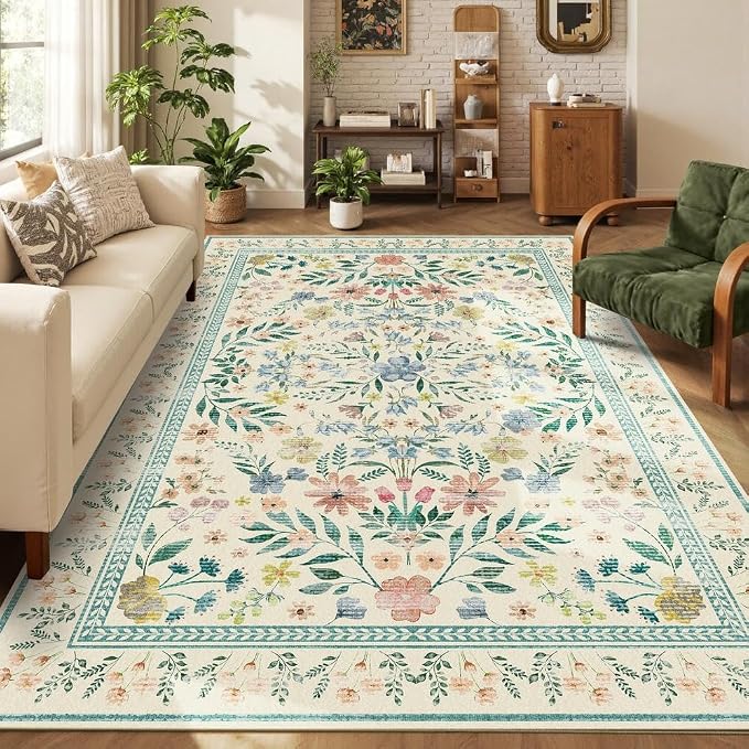 Floral Rug for Living Room Bedroom, 5x7 Washable Rug, Large Non Slip Low Pile - Image 4