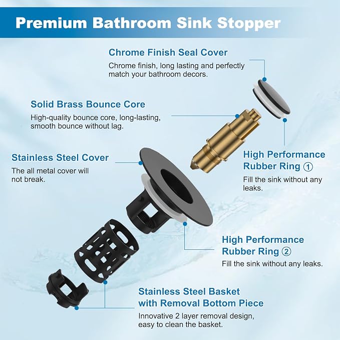 Hibbent Universal Bathroom Sink Drain Strainer, Upgraded 3 in 1 Pop Up Stopper - Image 7