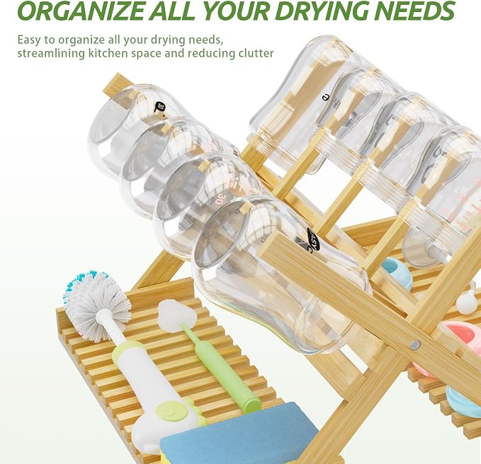 DSVENROLY Baby Bottle Drying Rack Foldable Vertical Bamboo Milk Bottle and - Image 3