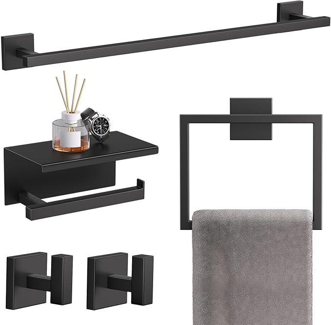 TQKAG 5-Pieces Matte Black Bathroom Hardware Accessories Set 23.6" SUS304 by TQKAG