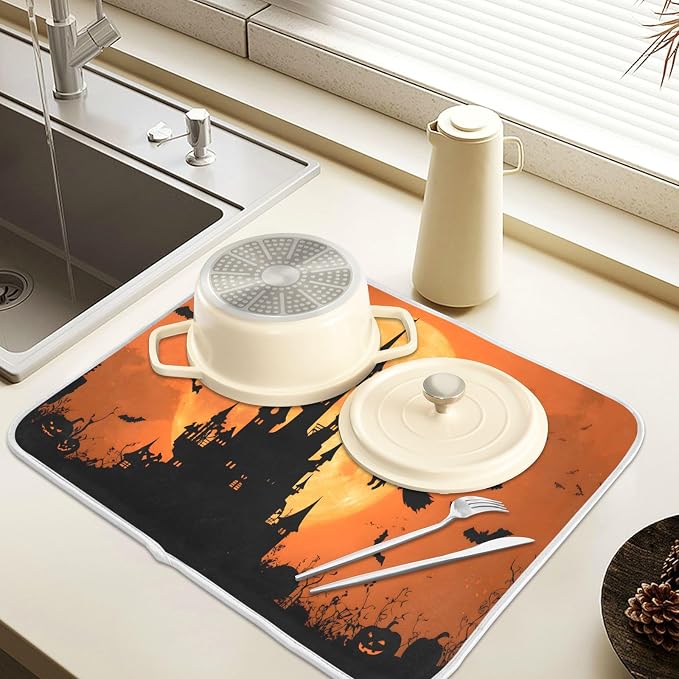 Halloween Witch Bat Castle Pumpkin Dish Drying Mat - Image 5
