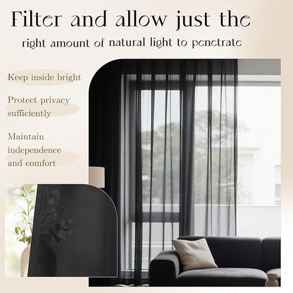 Dreaming Casa Black Sheer Curtains 84 Inches Long, Rod Pocket & Back Tab Light Filtering Textured Sheers for Living Room Bedroom, 2 Panels, Each 52" W x 84" L