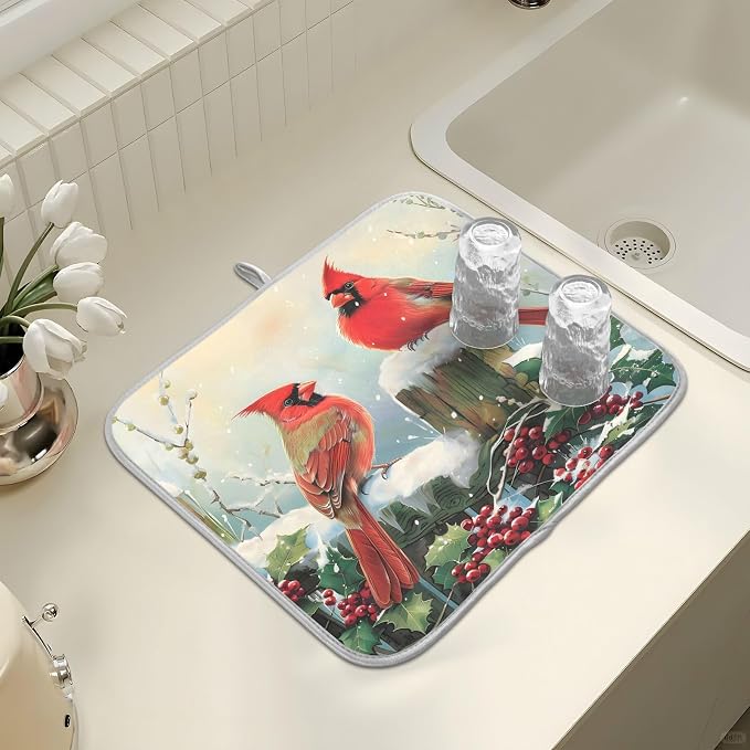 Winter Birds Snowflakes Berry Dish Drying Mat - Image 7
