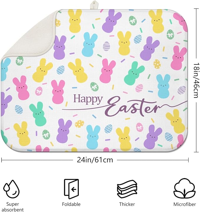 Happy Easter Dish Drying Mat for Kitchen Counter, Cute Bunny Microfiber Drying - Image 2