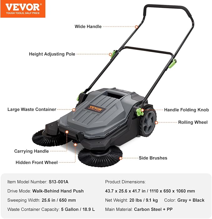 VEVOR Walk-Behind Hand Push Floor Sweeper, 25.6" Sweeping Width Floor Sweeper - Image 7