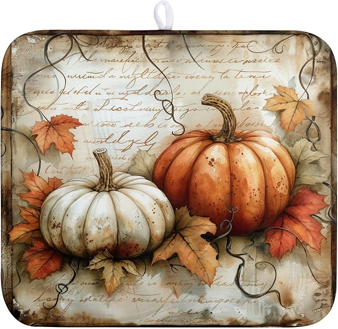 Fall Dish Drying Mat 16x18 Vintage Autumn Pumpkin Maple Leaf Drying Mat by Wnoesat