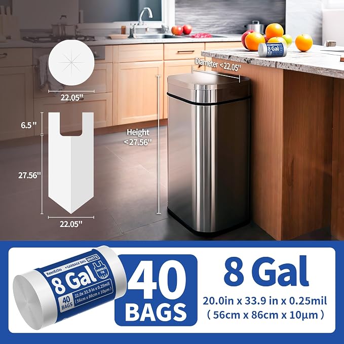Small Trash Bags with Handles 8 Gallon 40 Count White - Image 6