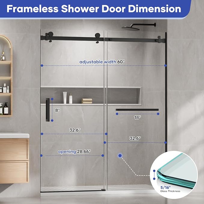 Venice Frameless Shower Door 60 in W x 74 in H, 5/16" Clear Tempered Glass Door - Image 7