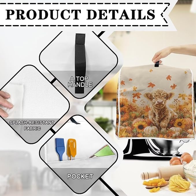 Highland Cow Stand Mixer Cover 4.5-5 Quart Pumpkin Kitchen Appliance Covers Dust Protection Universal for Pressure Cooker Air Fryer Fall Kitchen Decoration for Home Gift for Friends