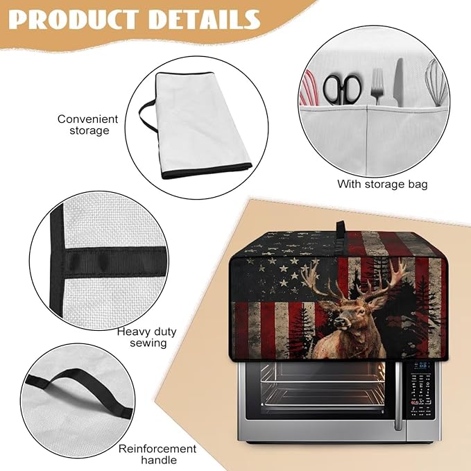 Vintage Deer Elk Print Microwave Oven Cover Waterproof Dust Cover for Microwave Oven American Flag Forest Print Universal Small Appliance Dust Covers Dirt and Fingerprint Protection, S