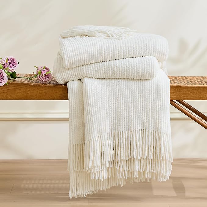 inhand Throw Blanket for Couch Bed,Chunky Chenille Woven Soft Blankets with Tassels, Cozy Boho Farmhouse Fall Winter Decor,Warm for Women,60"x80",Medium Thick-Off White