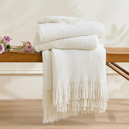inhand Throw Blanket for Couch Bed,Chunky Chenille Woven Soft Blankets with Tassels, Cozy Boho Farmhouse Fall Winter Decor,Warm for Women,60"x80",Medium Thick-Off White