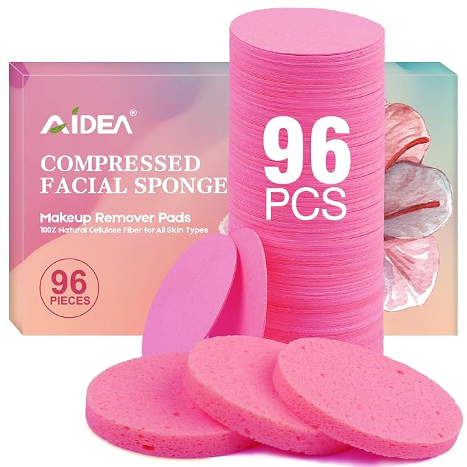 AIDEA 96Count Compressed Facial Sponges Pink, Round Face Sponges by AIDEAHOME