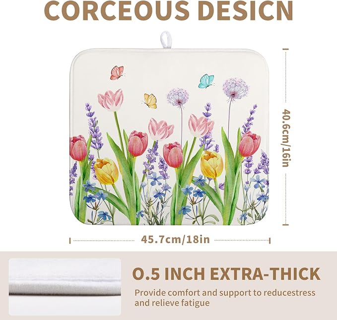 Spring Floral Dish Drying Mat Tulip Lavender Flower Dishes Pad Absorbent - Image 2
