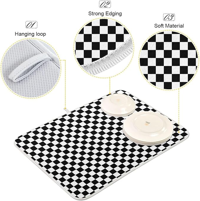 Black White Checkered Pattern Dish Drying Mat - Image 4