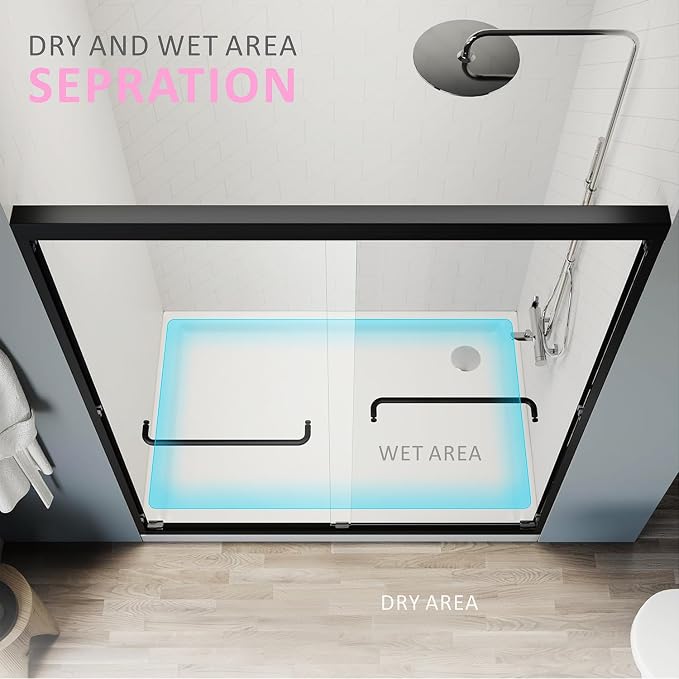 Shower Doors Glass Sliding 60 inches, 56-60'' W x 72''H Matte Black Semi - Image 9