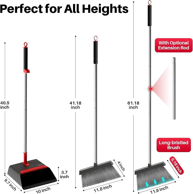 JOYMOOP Black and Red Broom and Dustpan Set, Upright Angle Design - Image 4