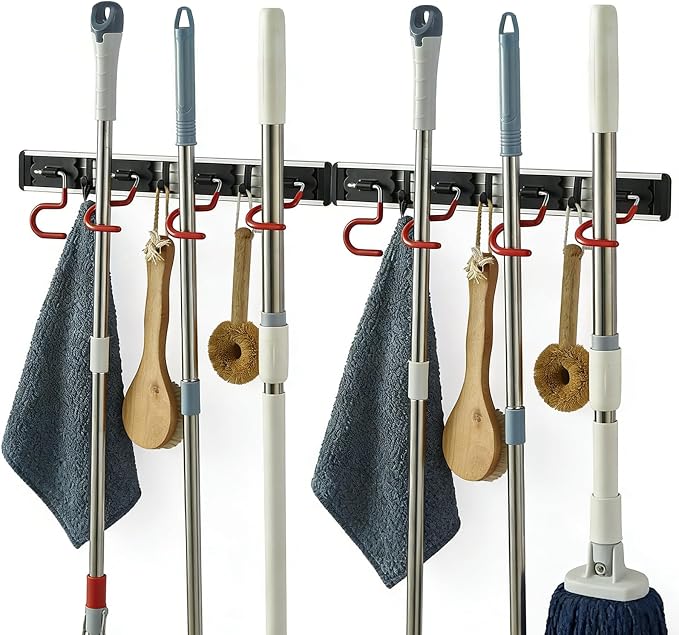 Wall Mounted Mop and Broom Holder, Stainless Steel, 34 Inches, 8 Position Rack by MOYODOR
