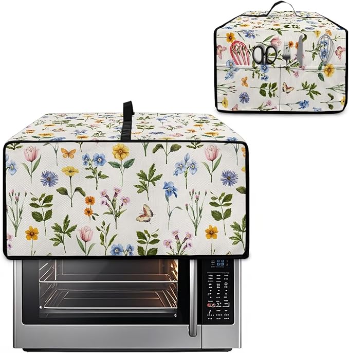 Toaster Oven Dust Cover with Side Pockets, Washable Convection Oven Cover Small Electric Appliance Protector for Kitchen Home Decor, L, Floral Butterfly Cream White