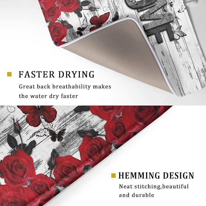 Red Rose Dish Drying Mat 18x24 inch Romantic Floral Absorbent Microfiber Sink - Image 3