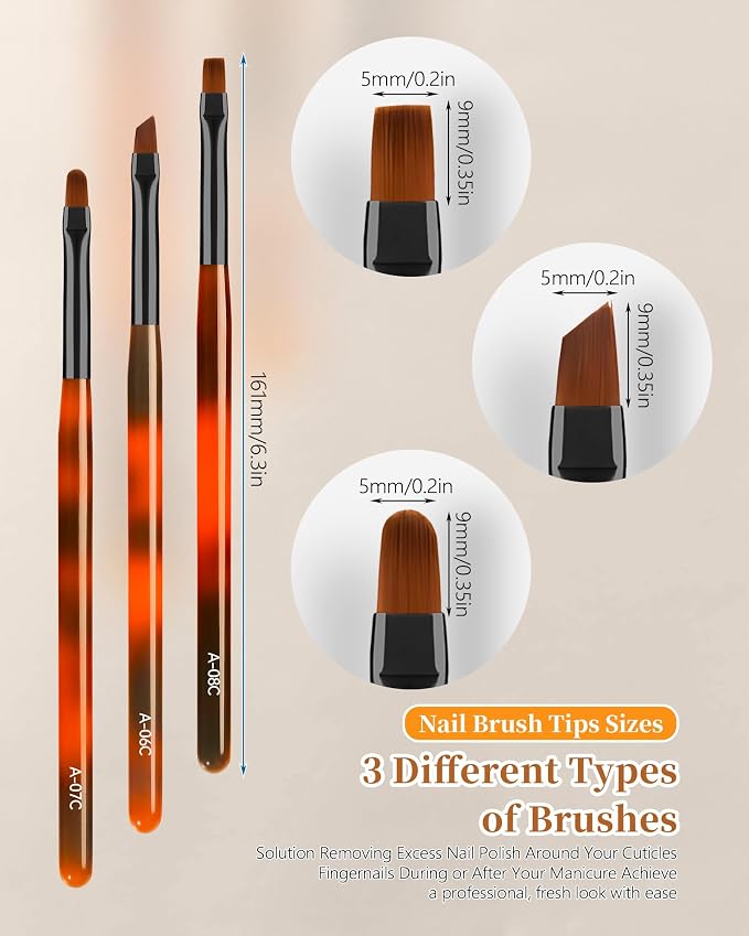 3PCS Nail Art Clean Up Brushes, Round/Angled/flat Acetone Resistant Gel Nail - Image 3