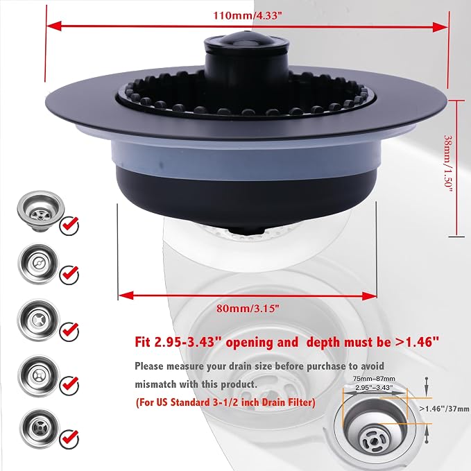 Kitchen Sink Drain Strainer 3 in 1, 304 Stainless Steel Pop Up Sink Stopper - Image 3