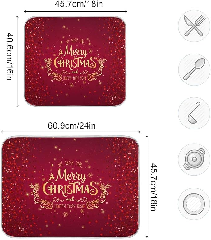Merry Christmas Drying Mat for Kitchen Counter 16x18 Inch Christmas Dish Mat - Image 3