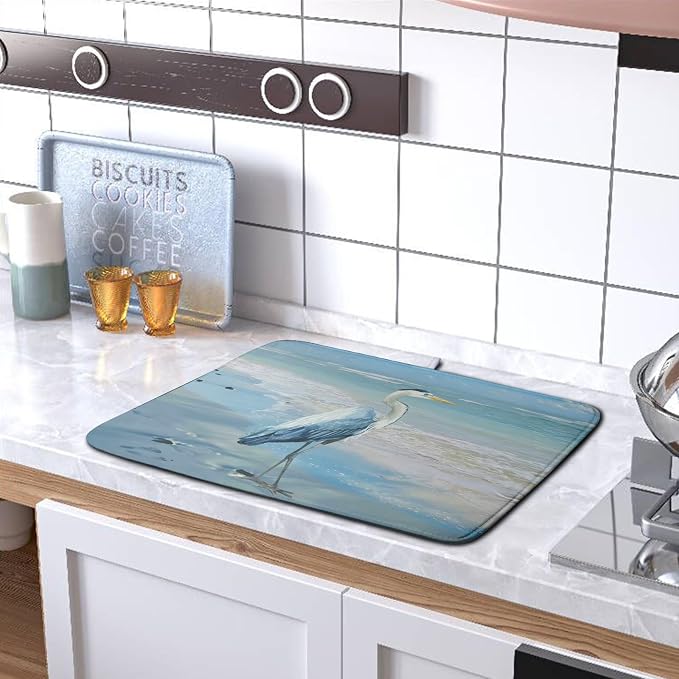 Summer Blue Dish Drying Mat for Kitchen Counter 18x24 Inch Heron Coastal Beach - Image 5