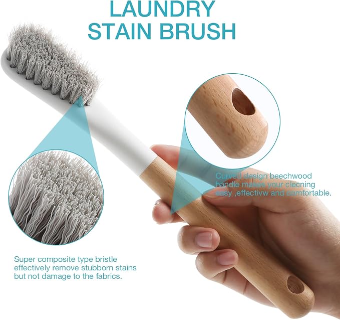 Wood Laundry Brush, OSCIOSS Laundry Stain Brush wth Long Handle and Soft Bristle - Image 2
