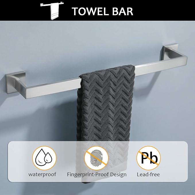 TNOMS Bathroom Towel Bar Set 5 Pieces Brushed Nickel Square Modern Bathroom - Image 3