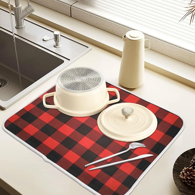 Christmas Red Black Buffalo Plaid Dish Drying Mat - Image 5