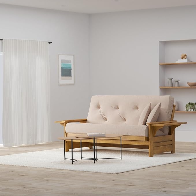 Nirvana Futons Brentwood Tray Arm Futon Sofabed Set - Queen Frame, 8" Microfiber Khaki Mattress, Heritage Finish