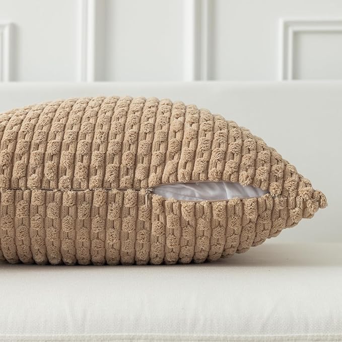 Kevin Textile 14x36 Inch Long Lumbar 1 Pack Boho Decorative Throw Pillow Cover Soft Striped Corduroy Rectangle Cushion Case Farmhouse Solid Color Accent for Living Room Couch Sofa Bed, Tan