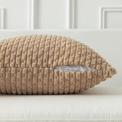 Kevin Textile 14x36 Inch Long Lumbar 1 Pack Boho Decorative Throw Pillow Cover Soft Striped Corduroy Rectangle Cushion Case Farmhouse Solid Color Accent for Living Room Couch Sofa Bed, Tan