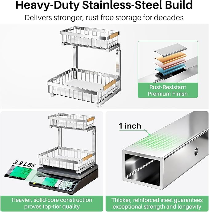 Under Sink Organizer, Stainless Steel 2 Packs 2 Tier Under Sink Organizers and - Image 2