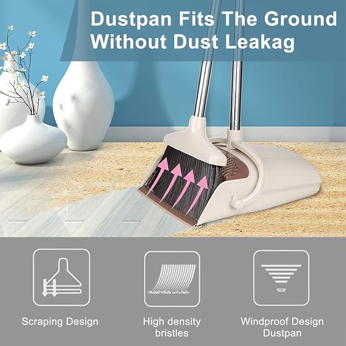 Broom and Dustpan Set, Long Handle Stand Up Broom and Dust Pan Combo, - Image 9