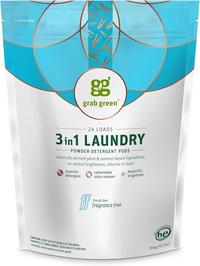 Grab Green 3-in-1 Laundry Detergent Pods, Fragrance Free, Plant and Mineral by GrabGreen