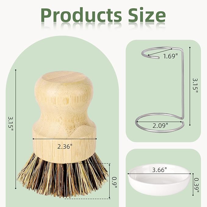 Bamboo Dish Brush Set with Holder - Image 2