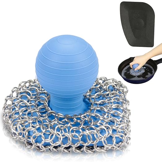 Cast Iron Scrubber with Pan Scraper, 316 Chainmail Scrubber, Upgraded Chain by VinYanKee