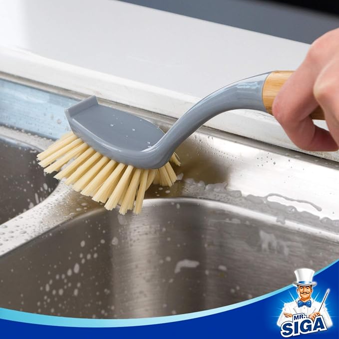 MR.SIGA Dish Brush with Long Bamboo Handle Built-in Scraper, Scrub Brush - Image 5