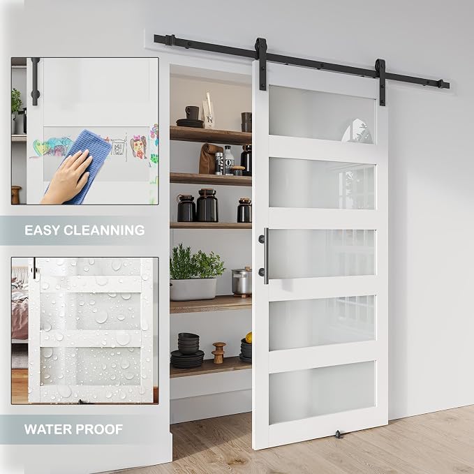 36'' x 80'' Glass Barn Door and 6.6 Ft Hardware Kit Included, MDF White Barn - Image 5
