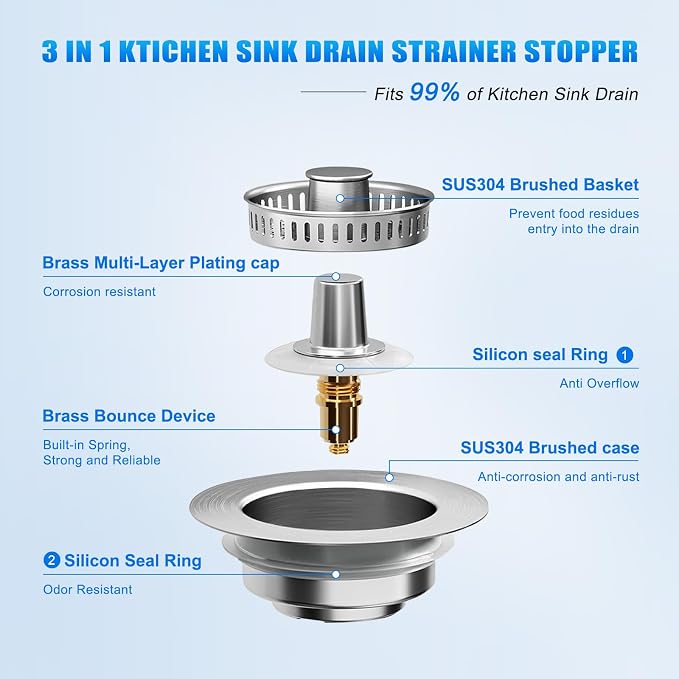 3 in 1 Kitchen Sink Drain Strainer, Universal Pop Up Stopper - Image 3