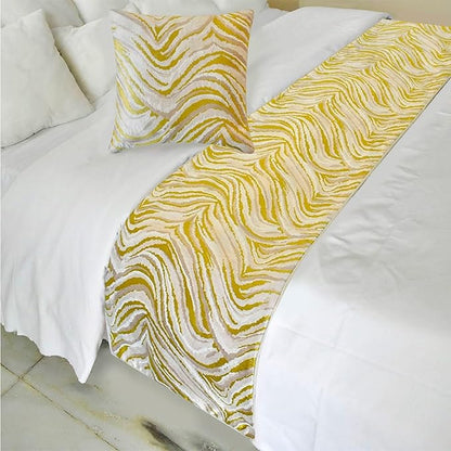 The HomeCentric King/Queen/Twin Yellow & Grey Decorative Bed Runner CA King 86"x18" Bed Runner with One Pillow Cover, Abstract Wave Pattern Bed Scarf on Jacquard Fabric - Yellow Whirls