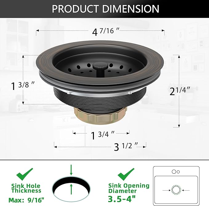 Kitchen Sink Drain Bronze 3-1/2 Inch Stainless Steel Kitchen Drain Strainer - Image 4