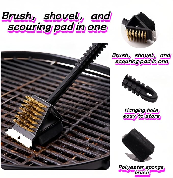 3-in-1 Grill Brush with Scraper & Scrub Pad, 14.5" Long Handle Brass Brush - Image 3