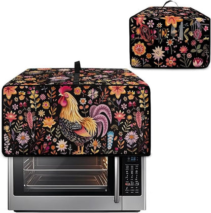 Microwave Oven Cover Air Fryer Toaster Oven Dust Cover with Accessory Pockets, Stain-resistant Small Electric Appliance Protector for Kitchen, M, Rooster Chicken Floral Black