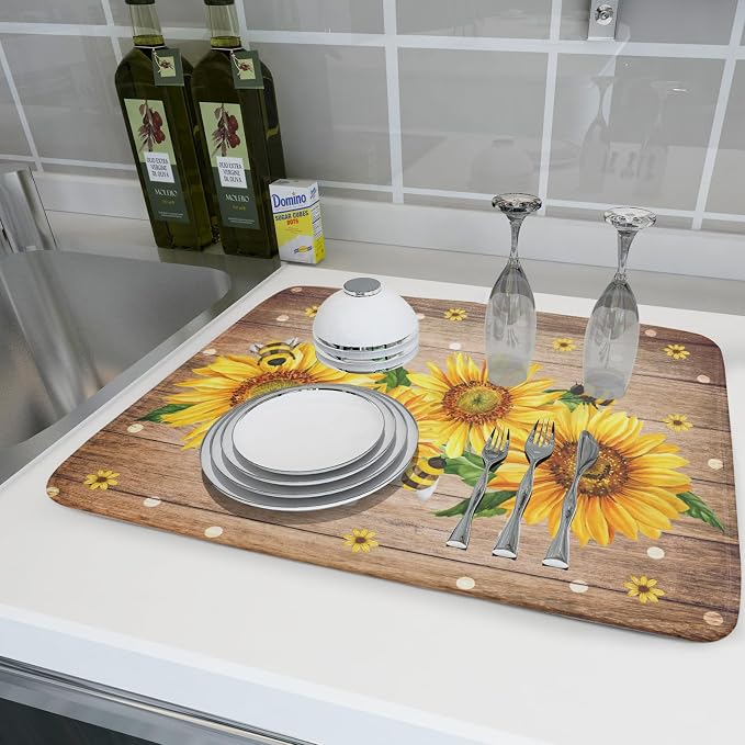 Sunflower Bee Dish Drying Mat for Kitchen Counter Home 18x24 Inch Wood Barn - Image 6