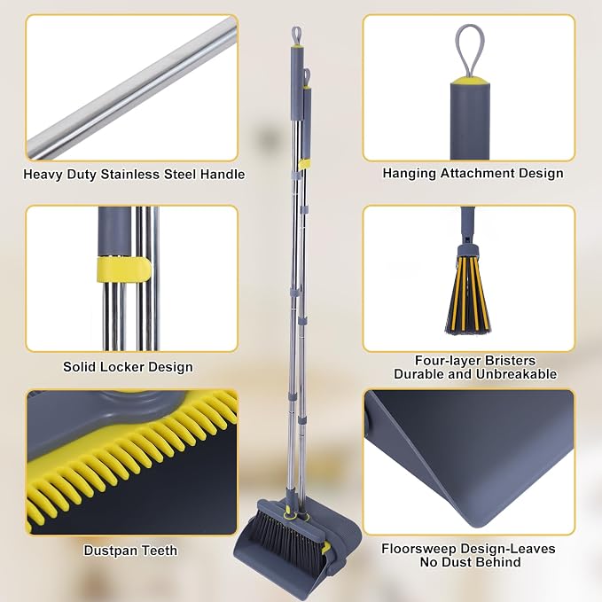Heavy Duty Broom and Standing Dustpan Combo Set, Rotatable Head Dust Pan and - Image 4