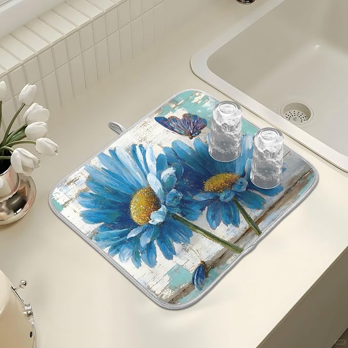Rustic Daisy Blue on Vintage Wooden Dish Drying Mat - Image 7